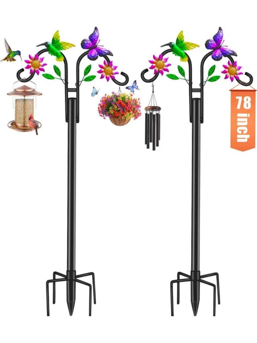 78" Double Shepherd's Hooks - Hummingbird & Flower Design, 5-Prong Base, 2 Pack